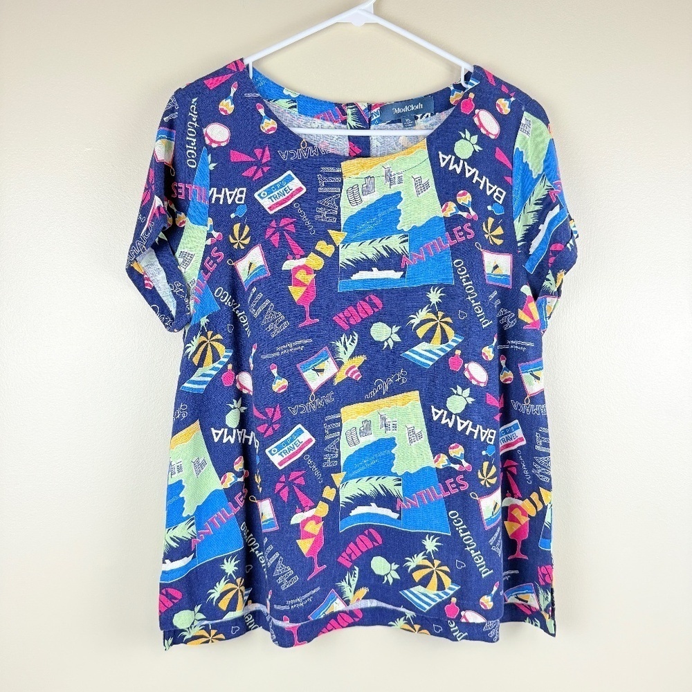 Anthropologie ModCloth Linen-Blend Novelty Print Short Sleeve Blouse XL